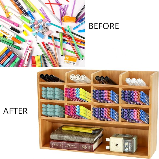 Dicunoy Desktop Pen Holder Organizer, Bamboo Art Supply Storage Caddy Holds 300 Pencils, 13 Compartments Thick Pencil Holder Box for Color Pencils, School, Classroom, Office
