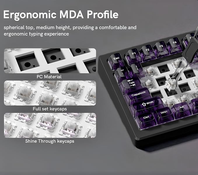 dagaladoo Clear keycaps,Transparent Keyboard keycaps,Jelly Key caps Set,Shine Through keycap，MDA Profile Keyboard caps for Mx Switches Mechanical Keyboard(Dark Purple)