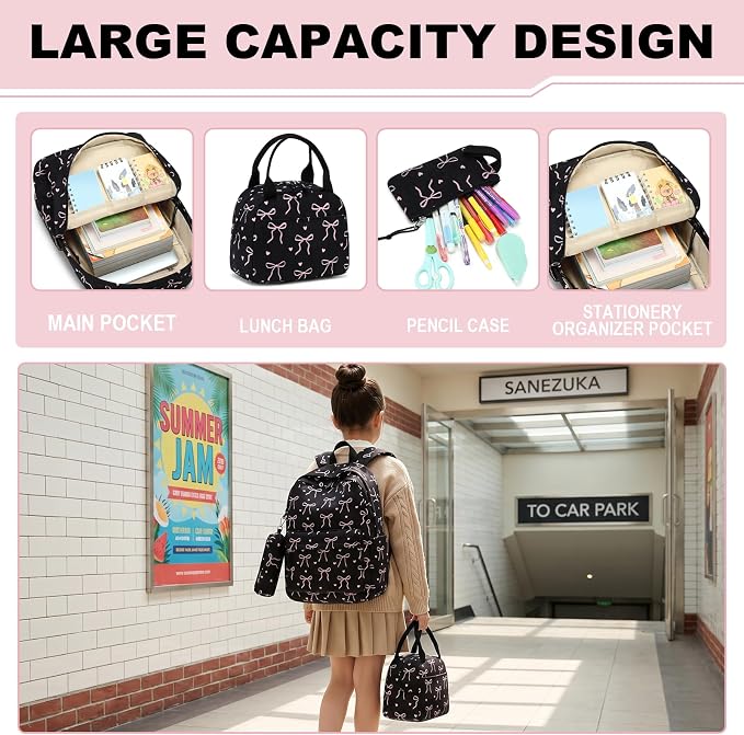 LEDAOU Kids Backpack for Girls Backpacks with Lunch Box, Lightweight Bookbag Set Elementary Middle School Back pack for 8-14