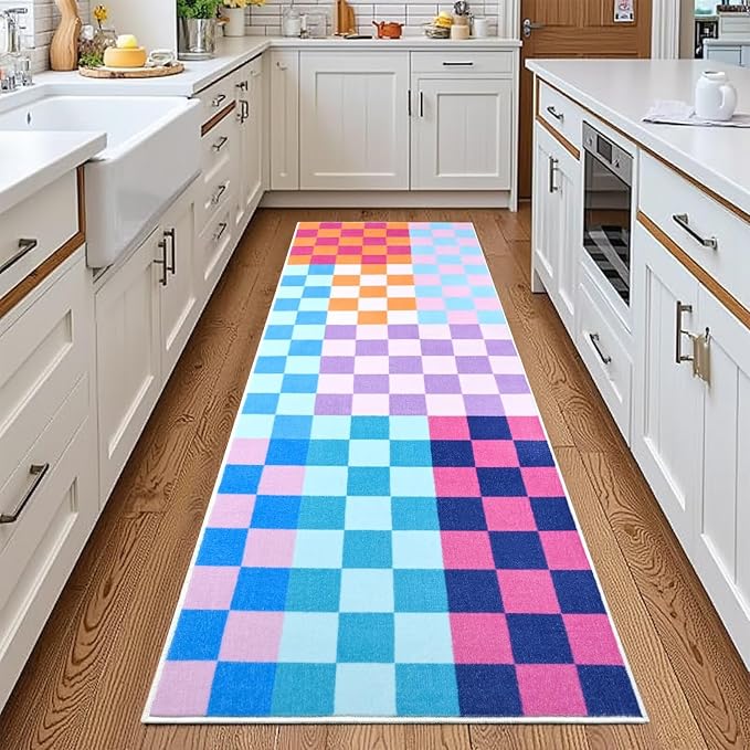 Terrug Multicolored Checkered Area Rug for Kitchen,2x6 Runner Rugs Washable with Non Slip for Bedroom,Soft Low Pile Stain Resistance Retro Carpet for Entryway Hallway