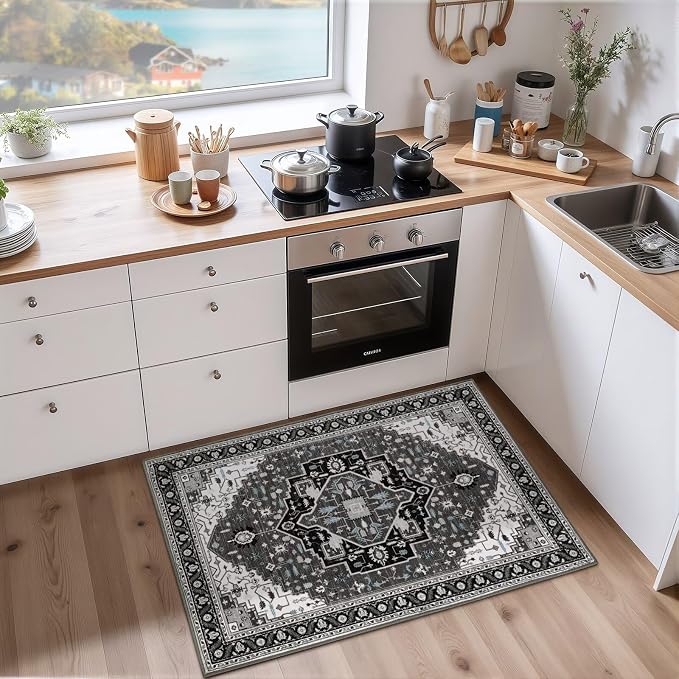 Macgace 2x3 Black Grey Small Area Rug for Entryway, Soft Washable Rugs with Non-Slip Backing for Bedroom Kitchen, Vintage Throw Carpet Laundry Entry Front Door Decor