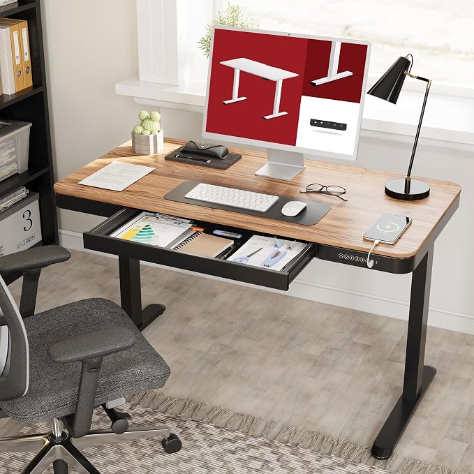 SANODESK Standing Desk with Drawer, Electric Height Adjustable Home Office Desk with Storage & USB Ports, 48 inch Black Walnut Wood Tabletop/Black Frame