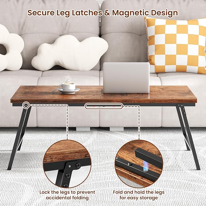 ALLSTAND Folding Coffee Table, Leg Latches Portable Sturdy Floor Table Desk for Sitting on The Floor, No Assembly Low Coffee Table for Living Room, Home, Office, Rustic Brown, 41.34L×21.65W×15.75H