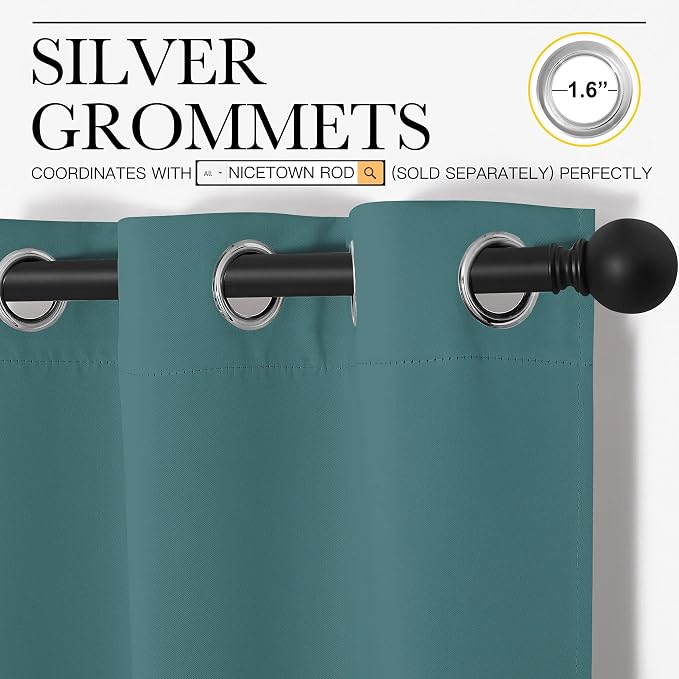NICETOWN Short Kitchen Blackout Curtains, Thermal Insulated Solid Grommet Blackout Curtains/Drapes/Panels for Dining Room (Sea Teal, 1 Pair, 42 by 50-Inch)