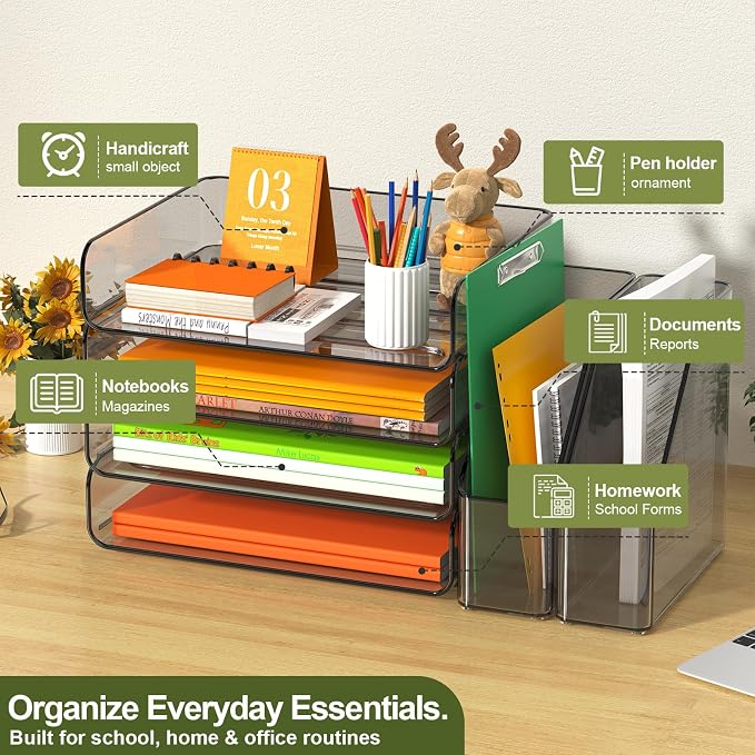 FANXIYQ 4-Tier Brown Acrylic Paper Tray Organizer with 2 Bookends | Tool-Free Stackable 1-4 Tier Design with 2 Bookends for Files, Folders and A4 Paper; For School, Home Office and Study Room