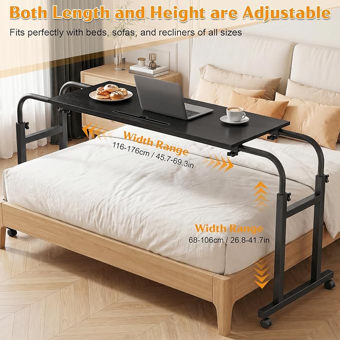 Over the Bed Table with Wheels, Height Adjustable Rolling Desk, Heavy Duty Steel Frame Laptop Workstation for Bedroom, Living Room, Hospital Use, Adults and Kids