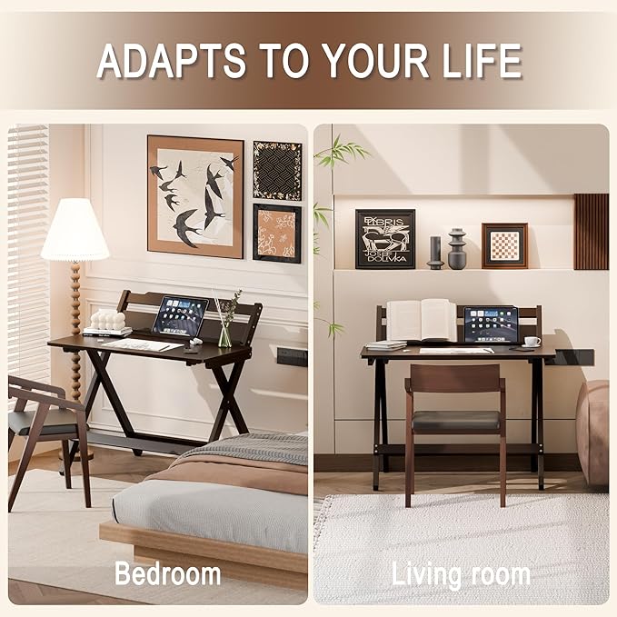 Bamboo Foldable Desk, 31" Portable Oversized Desk with 3 Adjustable Heights, Home Office Computer Desk with Reading Shelf, Perfect Furniture for Living Room & Bedroom, No Assembly (Walnut)