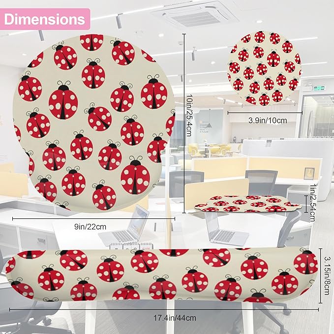 Cute Ladybug Mouse Pad with Wrist Rest Set, 3-in-1 Wrist Support Mousepad Set, Gaming Mat Pad with Anti-Skid Base,Ergonomic Memory Foam Mouse Pad Set for Women, Office, Typing, Gaming