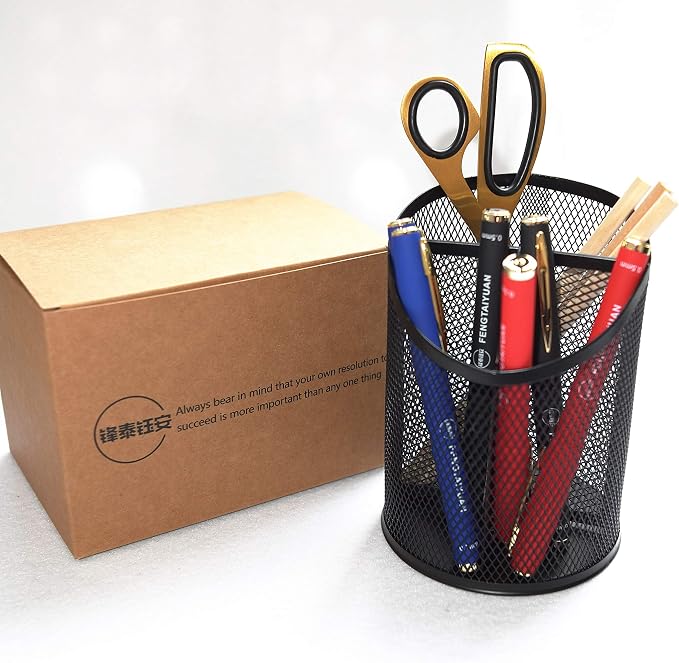 Fengtaiyuan T06, Black Metal Wire Mesh Pencil Holder, Desktop Organizer, Office Storage Box (Black-T06)