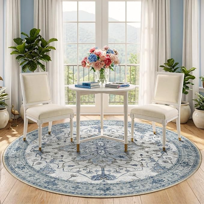 RELEANY Area Rugs Round 5ft Washable Non-Slip, Floral Vintage Distress Medallion Carpet for Living Room Bedroom Dining Room, Light Blue Navy Gray White