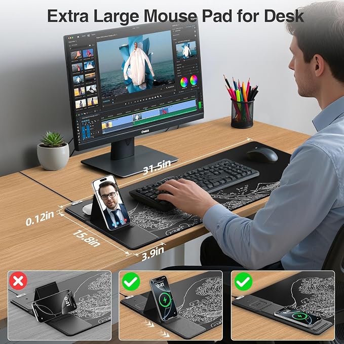 Wireless Charging Mouse Pad with Phone Holder, 31.5"x15.8" in, Black Wave | Large Desk Mat for Laptop/Keyboard, Waterproof Ultra-Smooth Surface, Non-Slip Base
