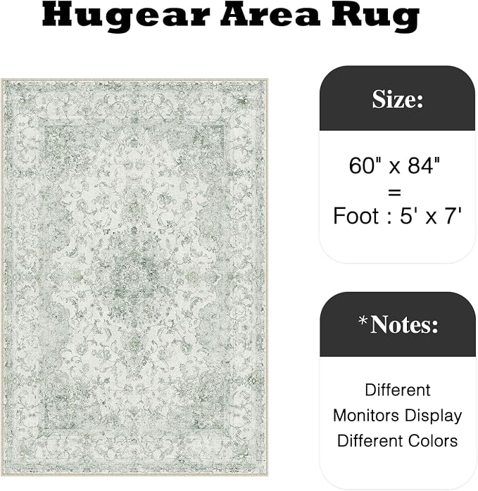 HUGEAR Area Rug 5x7 Vintage Green Machine Washable Living Room Rugs Thin Neutral Floral Vacuumable Low Pile Carpet Bedroom Office Dining Room Laundry Room Non Slip Soft Lightweight