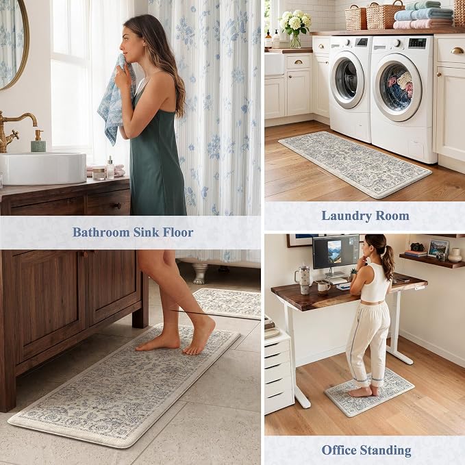 KIMODE Anti Fatigue Kitchen Mats, Floral Distressed Kitchen Rugs Sets of 2, Cushioned Non Skid Kitchen Mats for Floor, Comfort Kitchen Floor Mats for Sink, Laundry, Desk Blue Multi 17"x59"+17"x29"