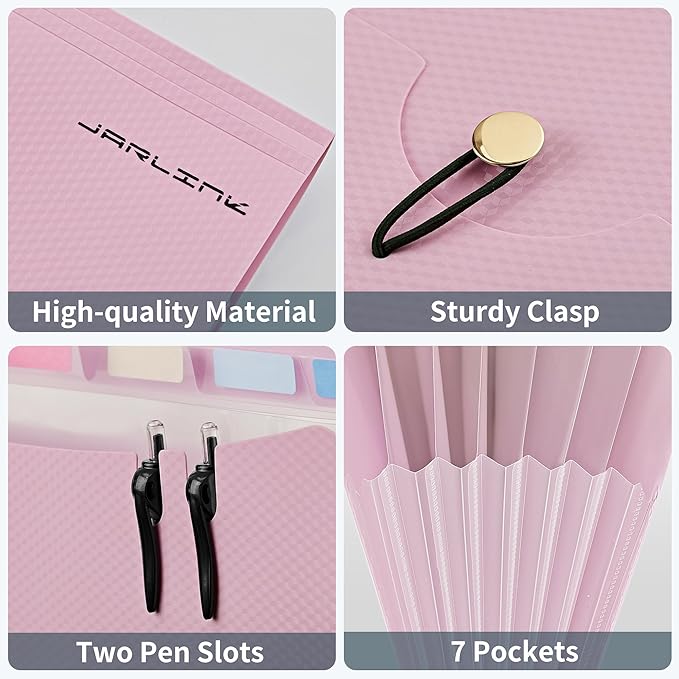 JARLINK 7 Pockets Expanding File Folder, A4 Size Accordion File Folders with 12 Labels, Cute Paper Organizer, Portable Document Organizer for Home College School Office Supplies, Macaron Pink