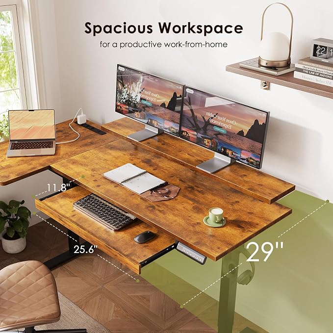 OffiGo 55 Inch L Shaped Electric Standing Desk with Keyboard Tray, Reversible Height Adjustable Corner Computer Desk with Monitor Stand, Sit Stand Up Lift Table for Home, Office, Rustic Brown