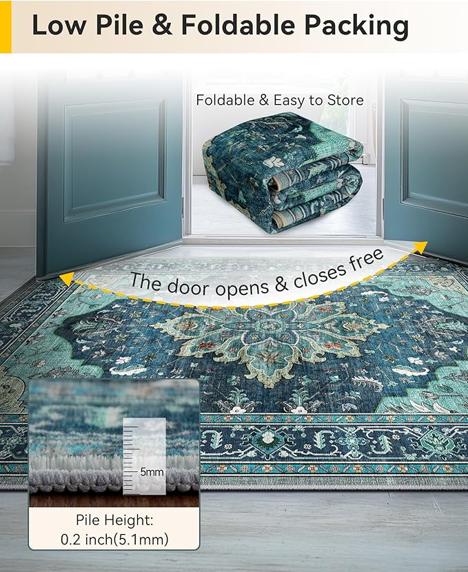 RELEANY Area Rugs Runner 2'6"x5' Washable Non-Slip, Floral Vintage Distress Medallion Carpet for Kitchen Hallway Bedroom Beside Laundry Room Bathroom, Teal Green Lake Blue Turquoise
