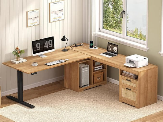 YOMILUVE 66 inch Rattan L Shaped Standing Desk with Storage for Home Office | Corner Electric Standing Desk with Drawers ＆ Storage Shelves, Height Adjustable Computer Desk with Power Outlets, Oak