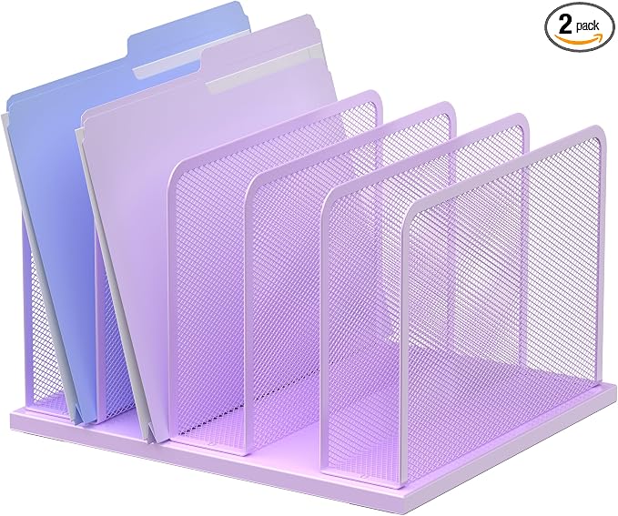 Kuntine.B Desk File Organizer Upright Mesh Desktop Organizer File Sorter Office Organization File Holder for Home, Office & Classroom (Purple, 1 Pack 5-Section)