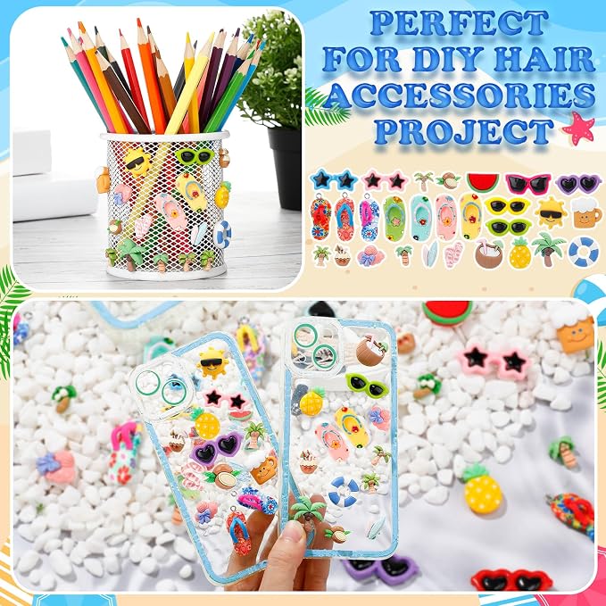 Giegxin 40 Pcs Summer Resin Charm Hawaii Beach Coconut Flamingo Plumeria Flower Flatback Cabochon Accessories Cute Embellishments Bulk for Jewelry Cellphone Case Scrapbooking DIY(Summer)
