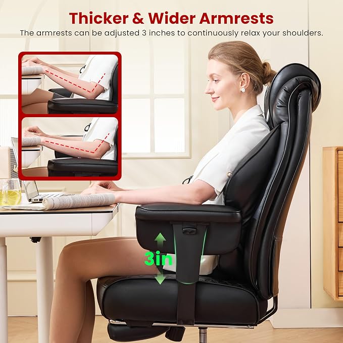 Clome 500lbs Big and Tall Office Chair Adjustable Lumbar Support for Back Pain, Extra Wide Seat Executive Office Chair Thick Armrest Pad, Heavy Duty Base Ergonomic Computer Desk Chair