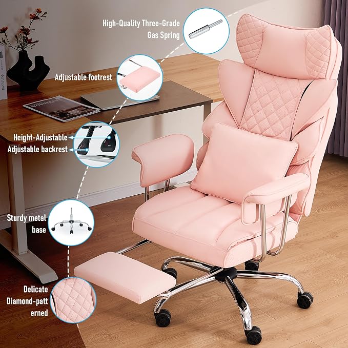 DYHOME 500 Lbs Kneading Massage Office Chair with Foot Rest, Ergonomic Reclining Home Computer Chair, High Back Thick Cushion Big & Tall Office Chair, Comfy Leather Heavy Duty Executive Chair, Pink