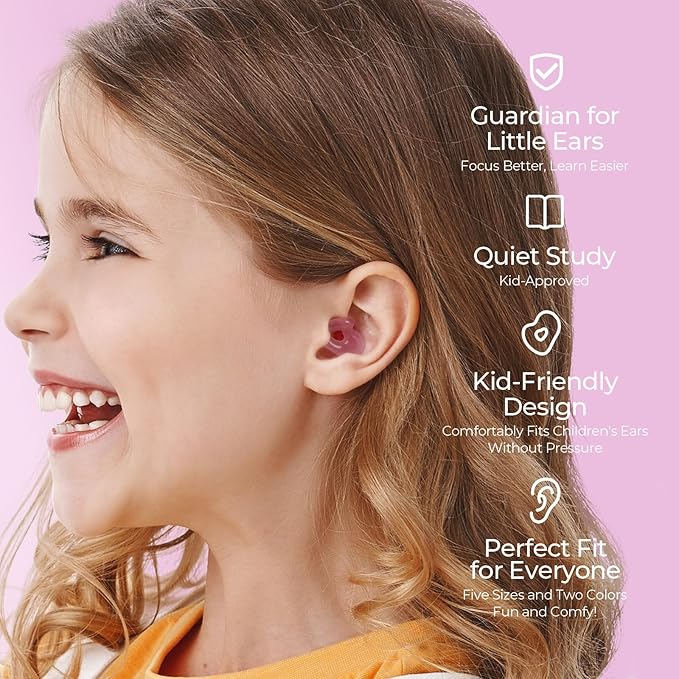 Kids Ear Plugs (6-12 yrs) - Reusable Noise Cancelling Ear Protection with 5 Ear Tip Sizes (XXS - L) for School, Sports, Playground - 23dB Noise Reduction for Focus and Comfort