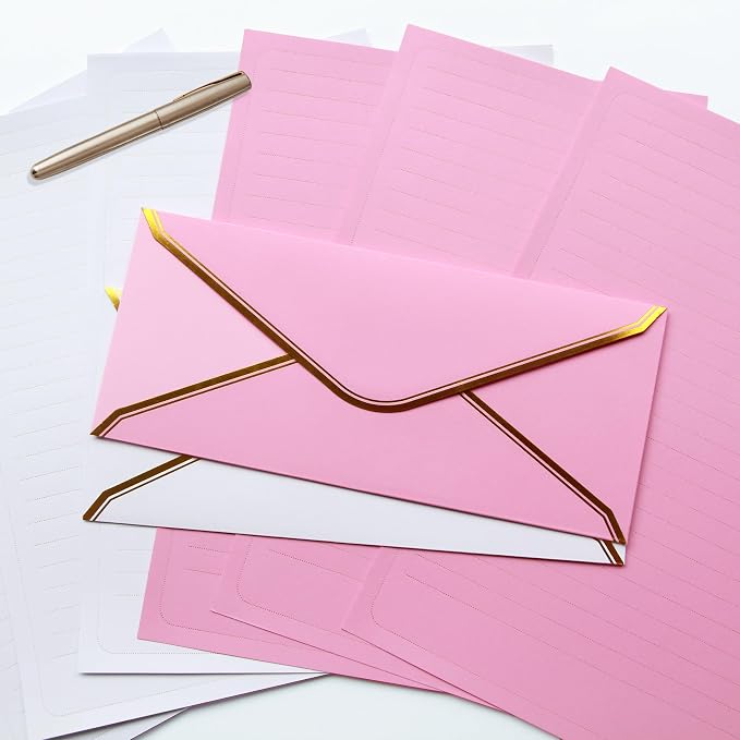 J6&H6 Gold Thread Stationary Paper and Envelopes Set Including 12 Standard Sized Phnom Penh Envelopes and 24 Sheets of Lined Paper Suitable for Daily Emotional Expression Formal Communication(Pink)