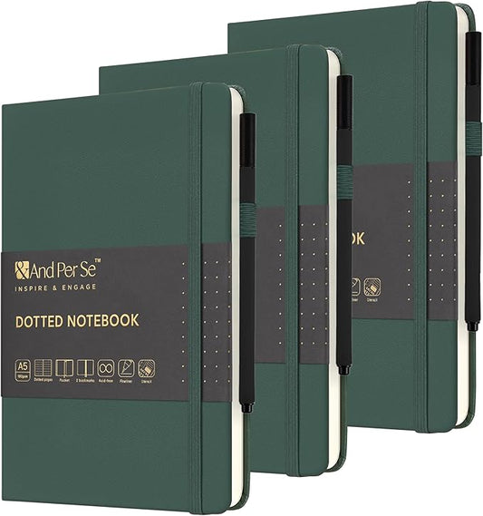 &And Per Se 3 Pack A5 Dotted Notebook Set - Each with 176 Numbered Pages, 100GSM Thick Paper, Stencil & Pen Included | Hardcover Dotted Journal for Bulk Use, Students, Teachers, Gift Giving (Green)
