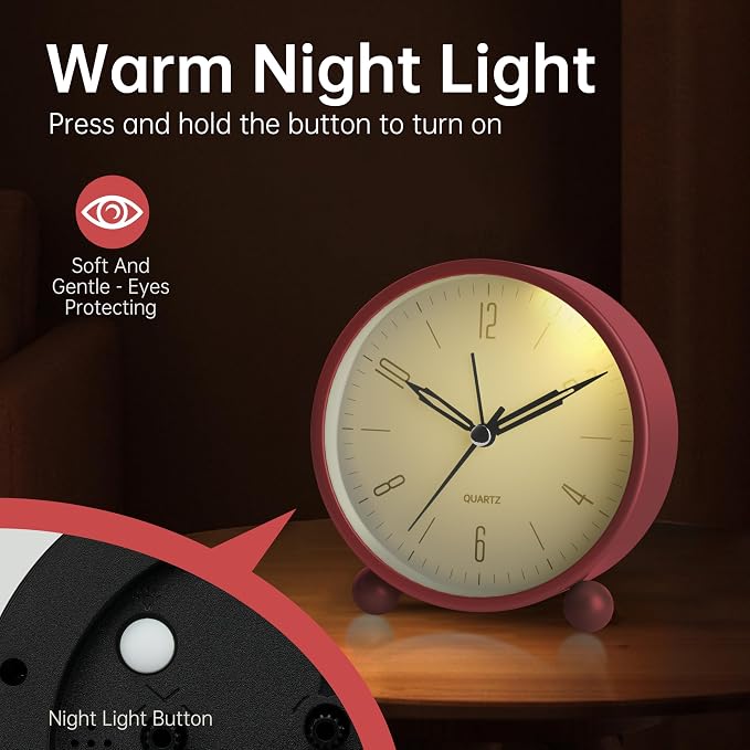 Analog Alarm Clock, 4 inch Super Silent Non Ticking Small Clock with Night Light, Battery Operated, Simple Design, Old Fashioned Style Wine-red Decor, for Bedroom, Bedside, Desk, Adult, Gift, Red