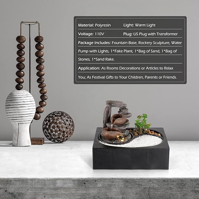 Dyna-Living Indoor Water Fountains Tabletop Water Fountain with Pump Zen Garden Relaxation Desk Waterfall Fountain Indoor Small Fountain for Zen Room Decor