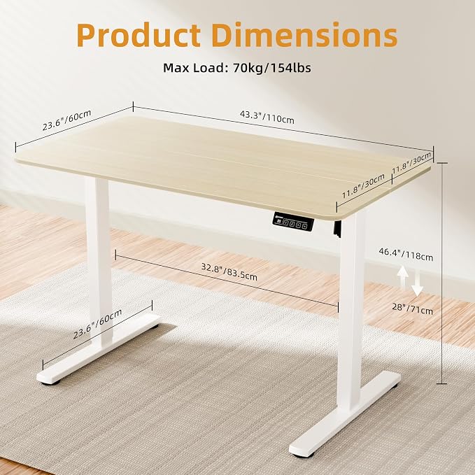 43"x24" Standing Desk, Height Adjustable Sit-Stand Home Office, Oak | Electric Adjustable Standing Desk, Sit to Stand Computer Office Desk with Splice Board, Memory Preset, Lifts 28.7''-46.5"