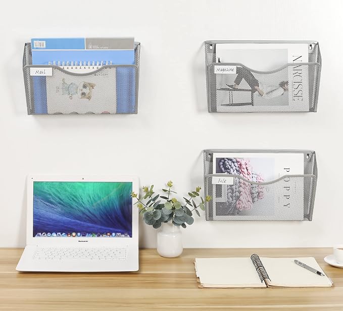 EasyPAG 6 Pack Wall File Organizer with Label Panel, Metal Mesh Hanging File Folder Holder for Letter/A4 Size Folders, Vertical Wall Mount Mail Sorter for Office Paperwork, Classroom, Silver