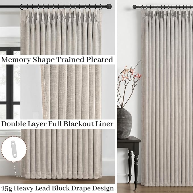 Greyish Beige 100% Blackout Two Layer Natural Linen 84 Inch Curtains for Bedroom 2 Panels Set, Memory Trained Pinch Pleated Insulated Noise Cancelling Farmhouse Windows Drapes 40 x 84 Inches Length