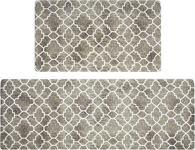 FRESHMINT Kitchen Mat Set of 2, Anti-Fatigue Cushioned Kitchen Mats for Floor, Waterproof Non Slip Comfort Standing Mat, Boho Kitchen Rug for Kitchen Decor, Sink, Office, 17"x30"+17"x47", Khaki Tan