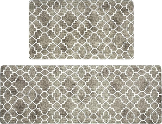 FRESHMINT Kitchen Mat Set of 2, Anti-Fatigue Cushioned Kitchen Mats for Floor, Waterproof Non Slip Comfort Standing Mat, Boho Kitchen Rug for Kitchen Decor, Sink, Office, 17"x30"+17"x47", Khaki Tan