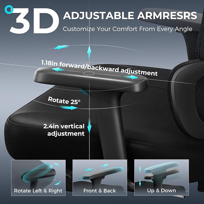 Ergonomic Office Chair with Footrest, Big and Tall Home Desk Chair | 3D Adjustable Armrests, 3D Flexible Headrest, Comfortable & High Density Sponge Cushion, 135° Recline, Lumbar Support, Black