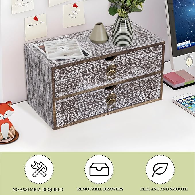 Wood Desk Organizer, Washed Brown Wooden Desktop Organizer with Drawer, Tabletop Storage Organization Box for Countertop, Home Office Supplies, Bills (2 Drawer)