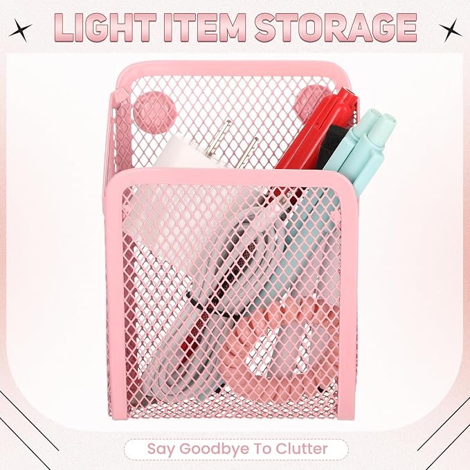 Fuutreo 2 Pcs Large Magnetic Pencil Holder Mesh Stainless Steel Pen Basket Magnetic Pen Cups Storage Organizer for Fridge Whiteboard Blackboard Kitchen Refrigerator Locker Home Office School (Pink)