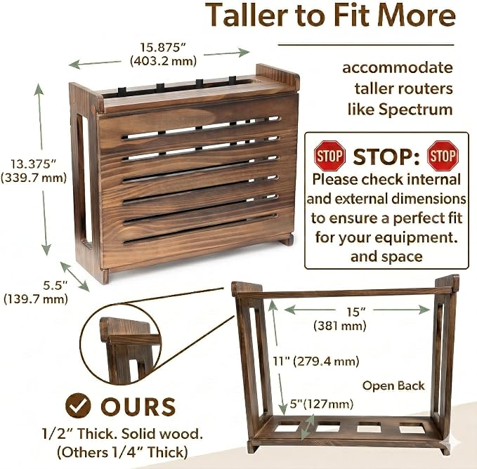 WiFi Router Storage Cabinet Router Box Hider WiFi Box Hider Shelf Cover | Standard • Pine Wood • Dark Oak Finish • Seamless Side Panel • Fits Routers Up To 11" • Wall Mount Or Desktop Placement