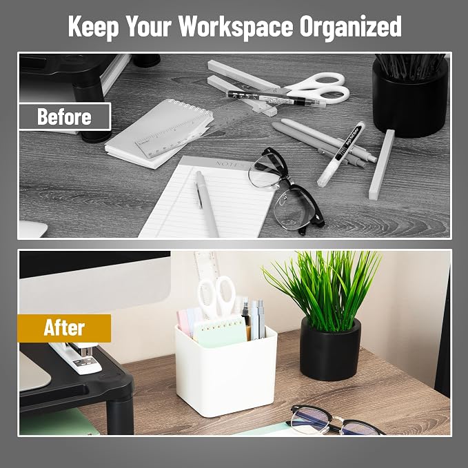Mind Reader 2-Compartment Desktop Organizer, Removable Wood Divider, Non-Slip Base, Plastic and Wood, White