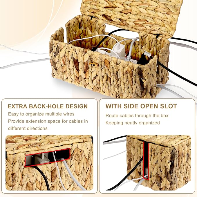 BTSKY Woven Cable Management Box with Lid Water Hyacinth Cord Organizer, L | Cable Organizer Box with 2-Open Slots to Hide Power Strips USB Hubs for Desk, Home & Office, Pet Proofing Cord Basket