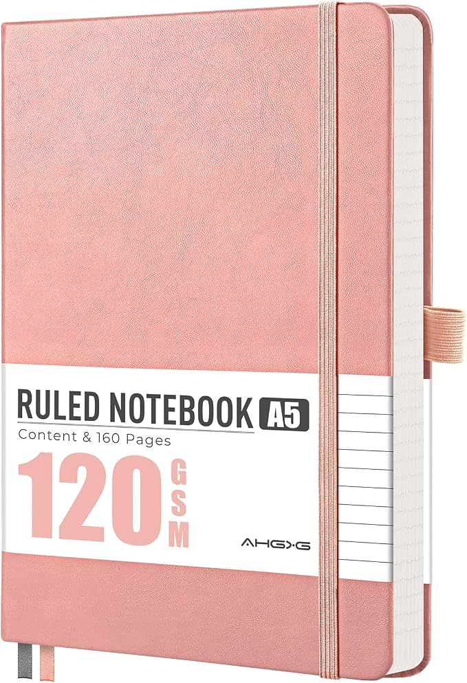 AHGXG Lined Journal Notebook, 160 Numbered Pages, A5 Medium Size (5.7'' x 8.3''), 120 GSM Thick Paper, for Men & Women, Journaling, Writing, Work & Office, Leather Hardcove (Pink)