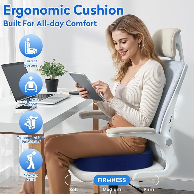 CushZone Seat Cushion, Office Chair Cushions, Car Seat Cushion, Non-Slip Sciatica & Back Coccyx Pain Relief Chair Pad, Memory Foam Pillow for Computer Desk, Wheelchair, Driving Large Size (Blue)