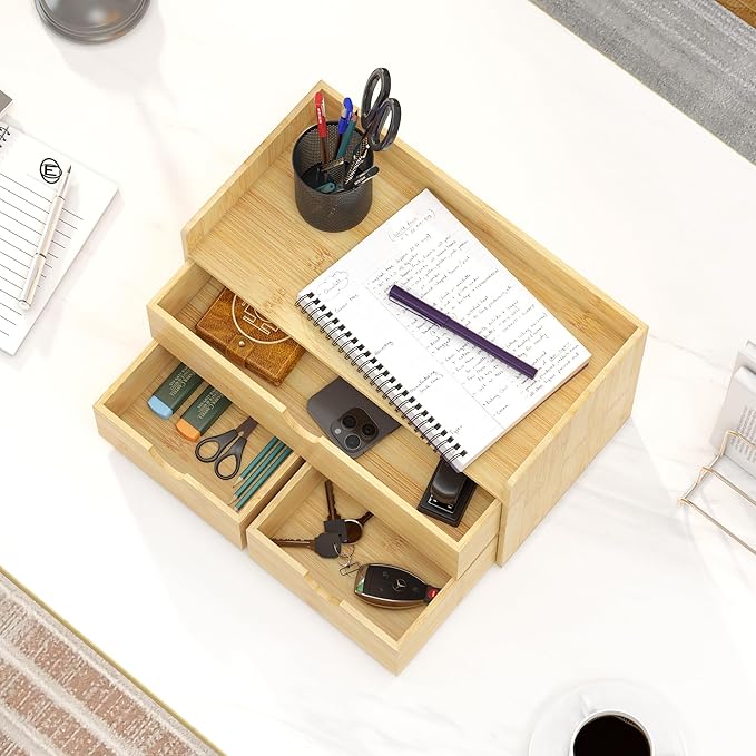 Desk Organizer with Drawers - Bamboo Desktop Organizer Storage | White-Natural Wood Desk Drawers Organizer for Bills, Office Supplies, Cosmetics, Seals No Assembly Required(3 Drawers With Shelf)
