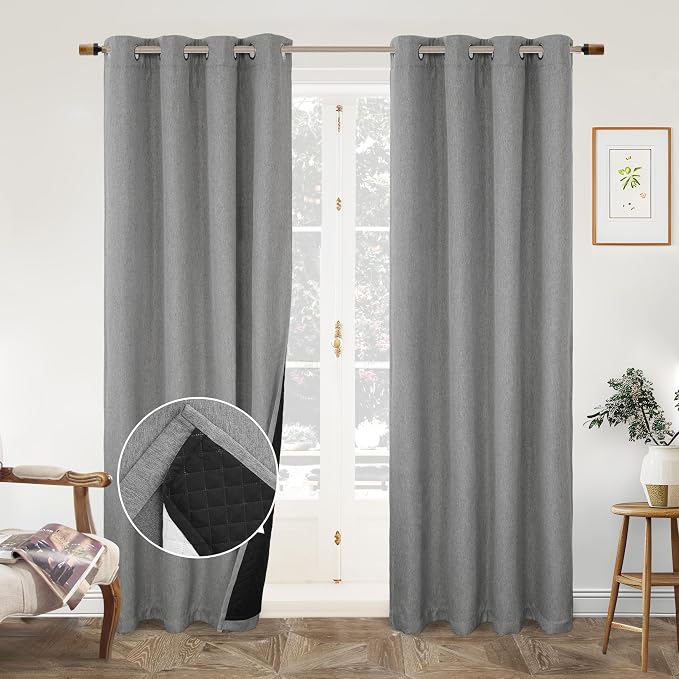 DriftAway Blackout Soundproof Thermal Insulated Linen Textured Curtains with Quilted Thermal Lining for Cold and Heat Blocking Noise Reducing Daytime Sleep 1 PC 52 Inches by 84 Inches Gray