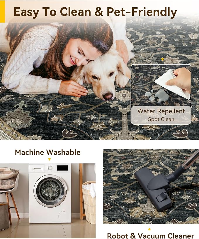 RELEANY Area Rugs Round 7ft Washable Non-Slip, Floral Vintage Distress Medallion Carpet for Living Room Bedroom Dining Room, Vintage Black Brown Neutral