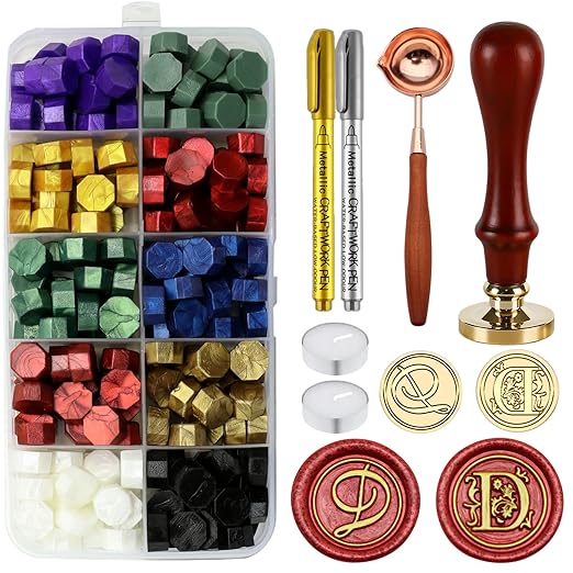 Letter Wax Seal Stamp Kit - Initial Alphabet D Stamp Head 2pcs, Vintage Monogram Stamps Wax Seal Kit with 200pcs Assorted Sealing Beads, Spoon, Metallic Gold Silver Pens