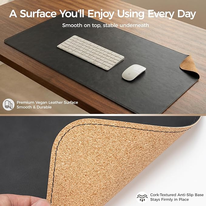 Premium Faux Leather Desk Mat & Tray Set，Innovative Cork-Look Printed Base，Gift Tube Packaging，Full-Desk Coverage，Non-Slip Desk Pad for Office Home（Classic Black）