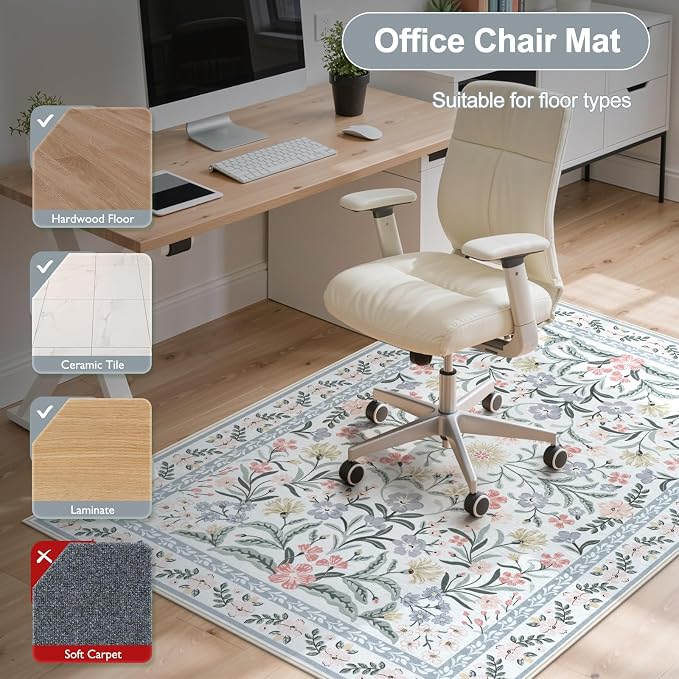 Anidaroel Office Chair Mat for Hardwood Floor/Tile Floor, 48"x60" Boho Floral Computer Chair Mats, Anti-Slip Beige Under Desk Rug for Office Home, Low Pile Floor Protector for Rolling Chair