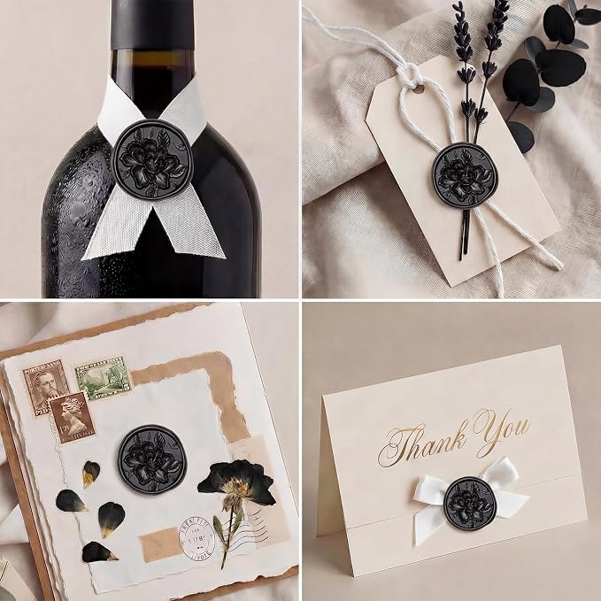 UNIQOOO Wax Seal Stickers - 3D Vintage Floral Wedding Invitation Envelope Botanical Seal Stickers, 50 Pcs Self- Adhesive Black Flower Stickers, Perfect for Invitation, Gift Wrapping, Party